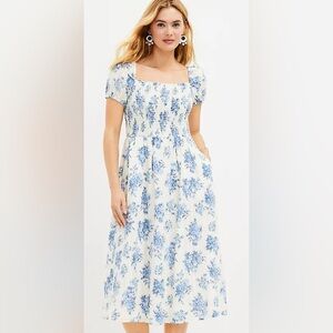 LOFT Floral Smocked Puff Sleeve Midi Pocket Dress - Blue and White Floral